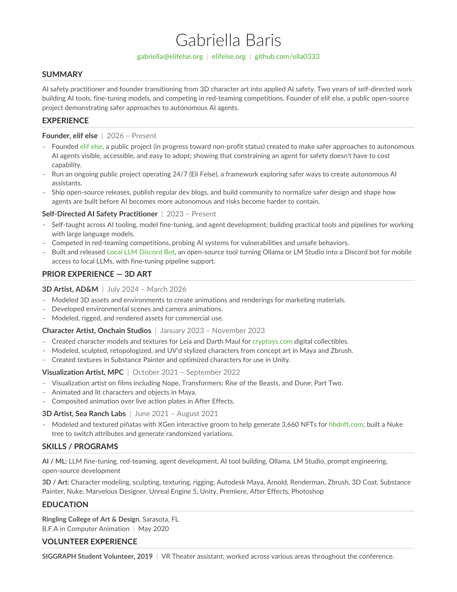 Resume of Gabriella Baris. Click to download the PDF.